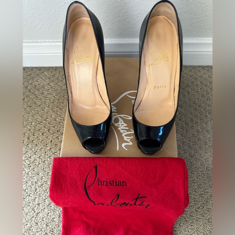 Christian Louboutin Dark Navy Blue (looks like black) high open toe heels/ shoes
